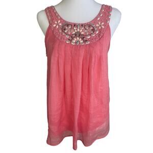 PM Womens Embellished Beaded Sheer Overlay Scoop Neck Sleeveless Pink Blouse Top